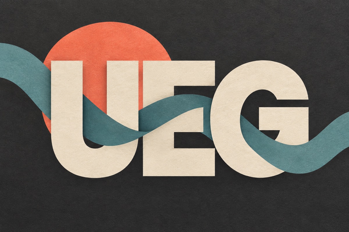 AI 生成配图：UEG 字形与流动声音图形组成的原创品牌视觉