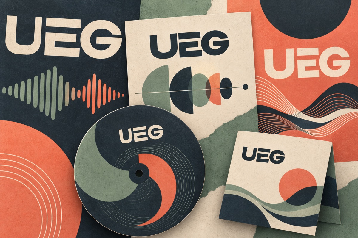 AI-generated illustration: Coordinated original UEG campaign posters and sound-identity graphics