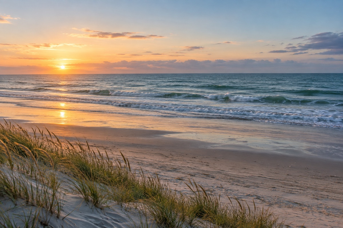 AI-generated illustration: Gentle surf and dune grass at first light