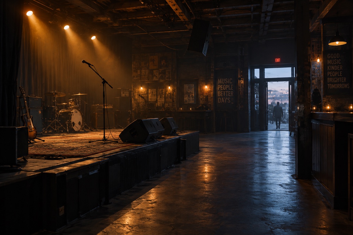 AI-generated illustration: A small music venue with warm stage lights before a performance