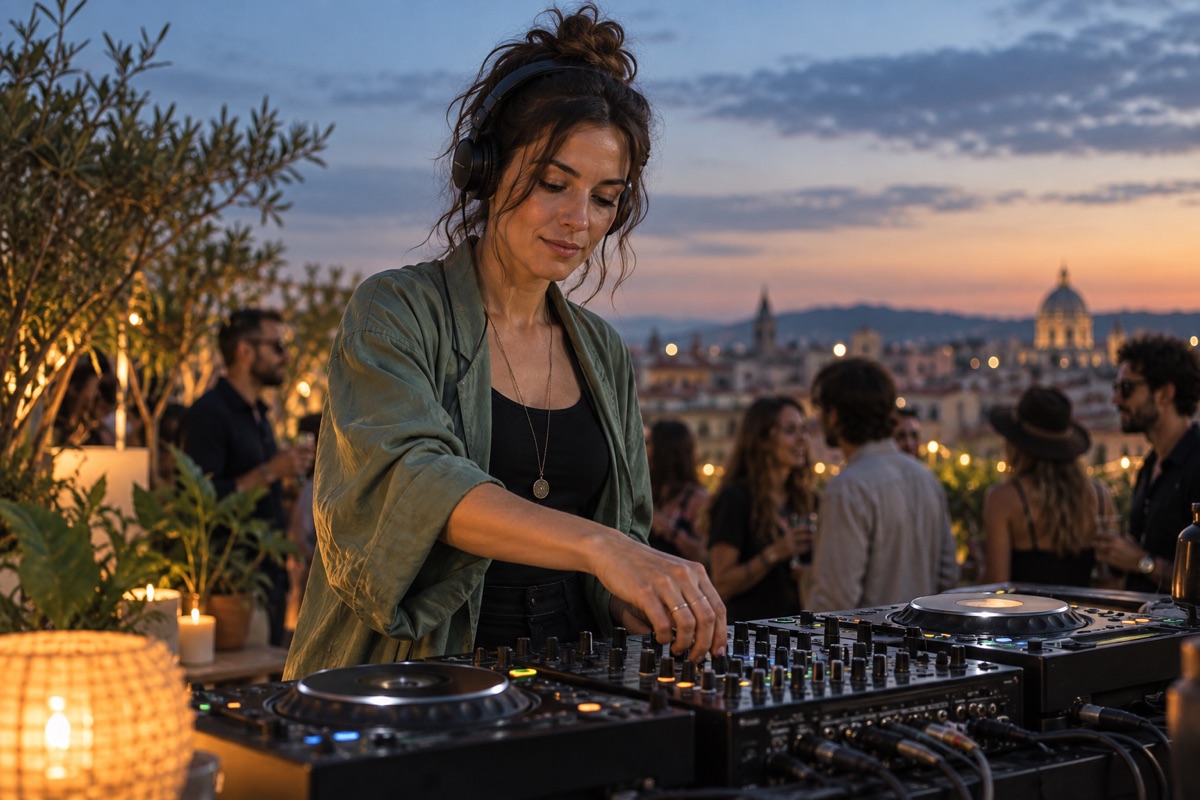 AI-generated illustration: A DJ performing at an outdoor rooftop event at dusk