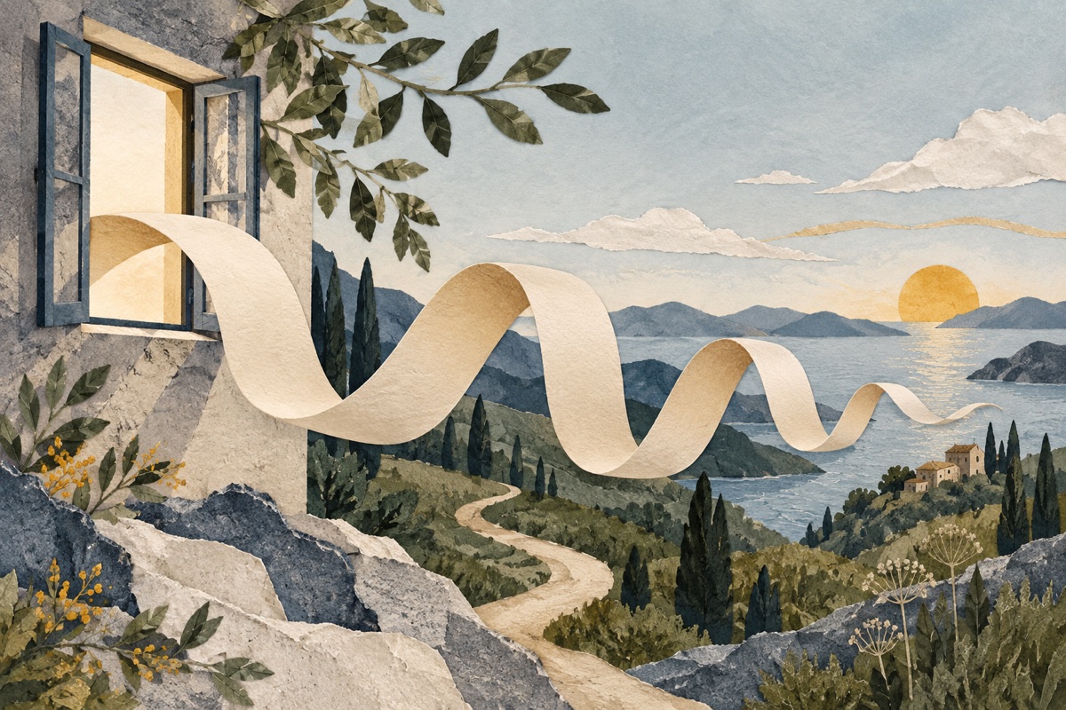 AI-generated illustration: A flowing paper ribbon unfolding through a small illustrated landscape