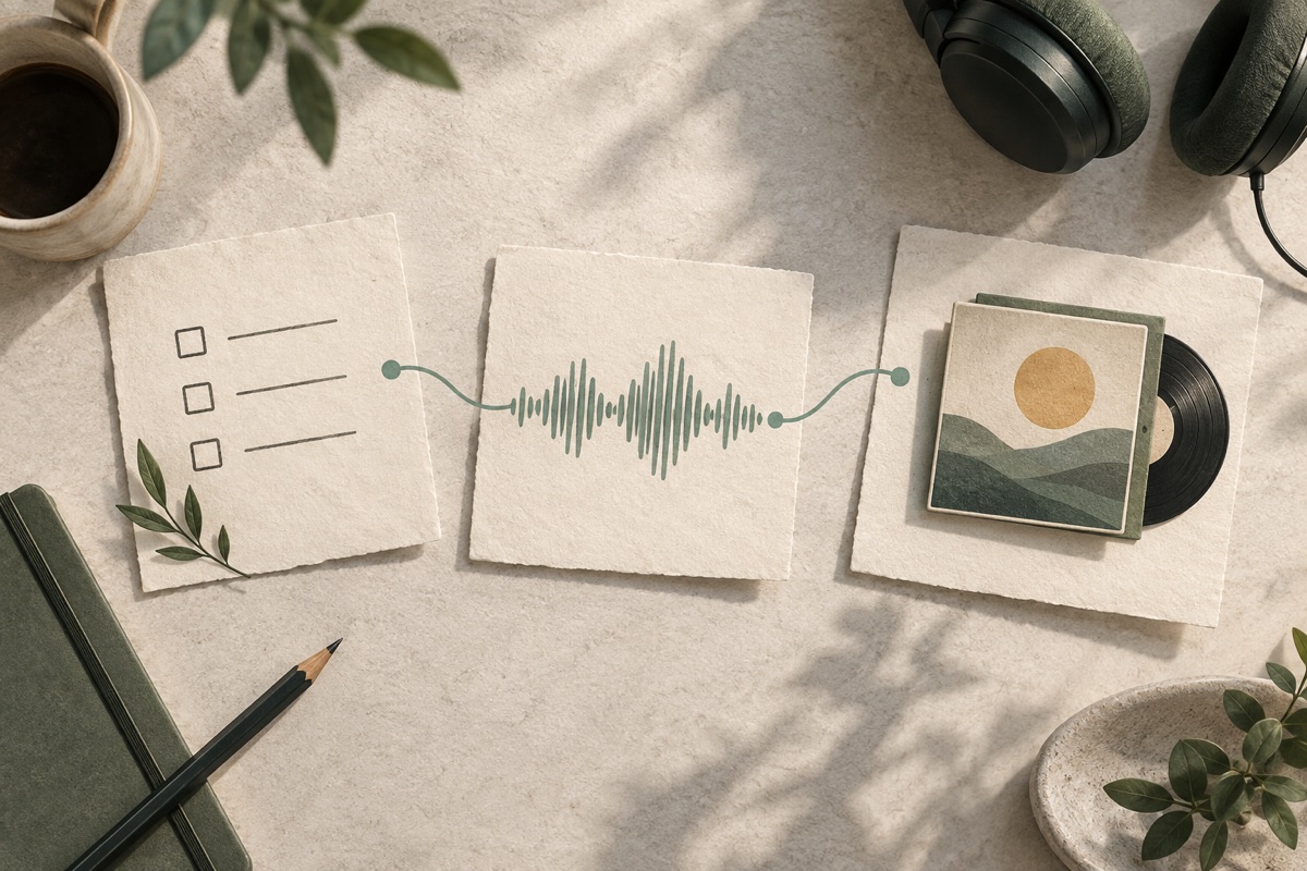 AI-generated illustration: A production plan, a sound layer and a saved result connected in sequence