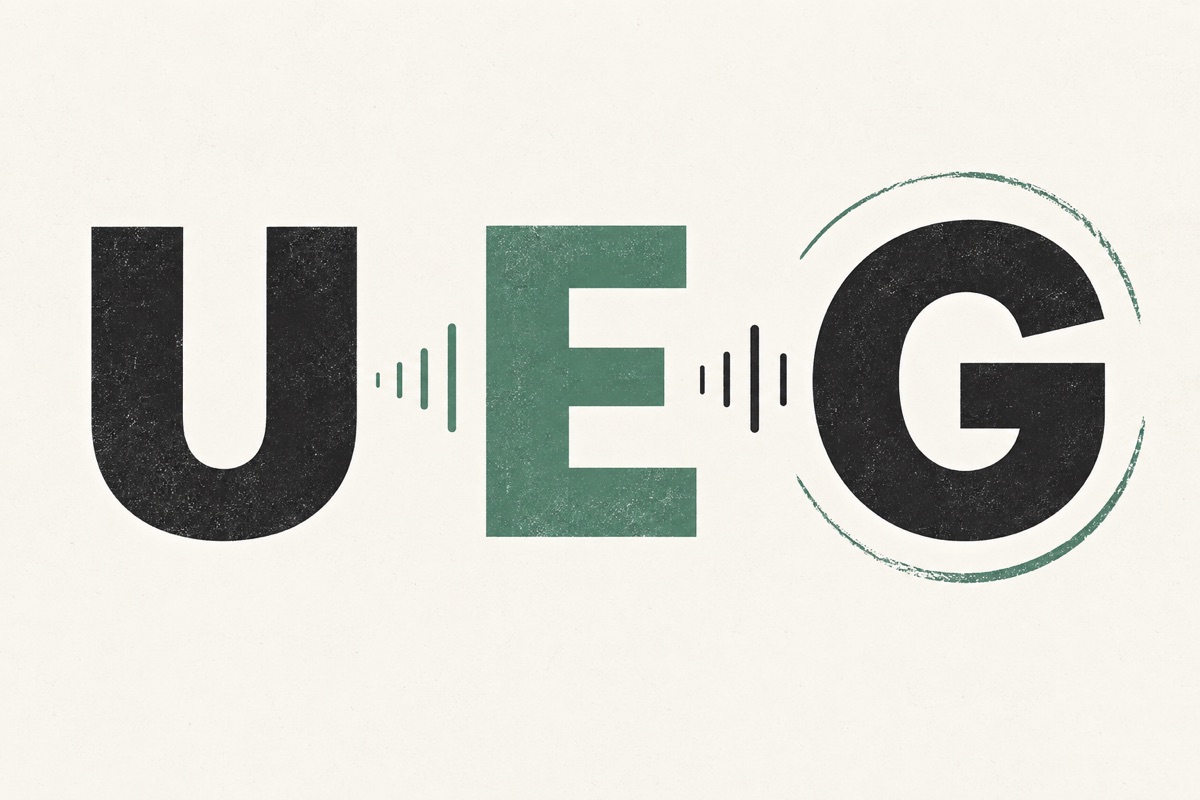 AI-generated illustration: Spaced U, E and G letterforms suggesting clear pronunciation and timing