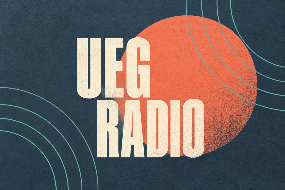 AI-generated illustration: An original UEG Radio identity poster with broadcast-ring graphics