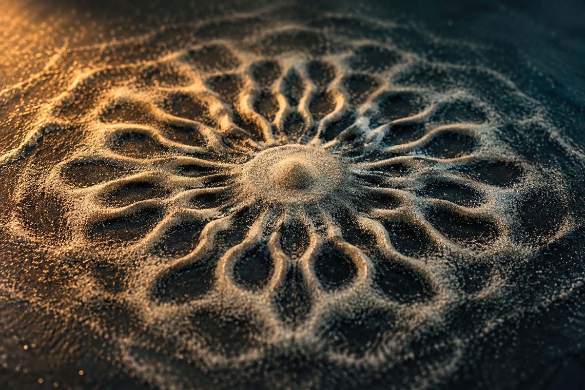 AI-generated illustration: Fine sand arranged in an abstract vibration-inspired pattern