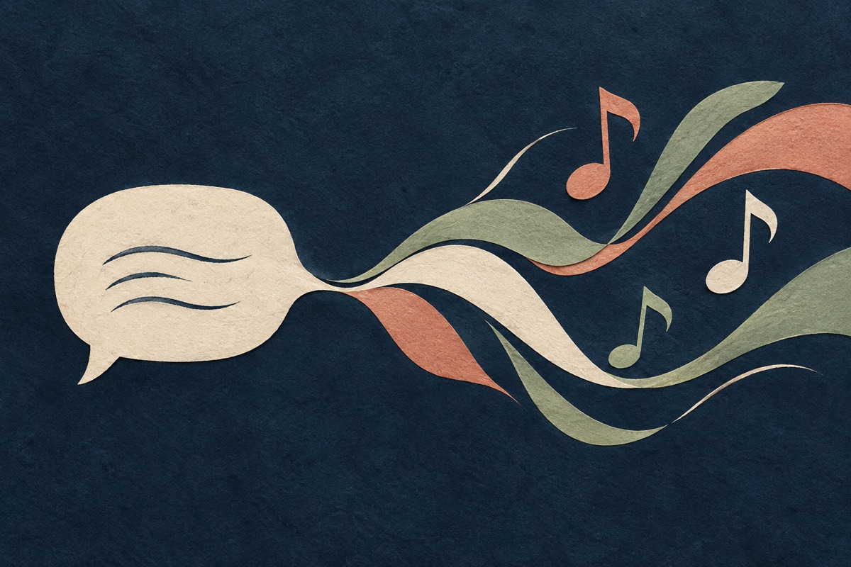AI-generated illustration: A compact speech shape developing into flowing melodic forms